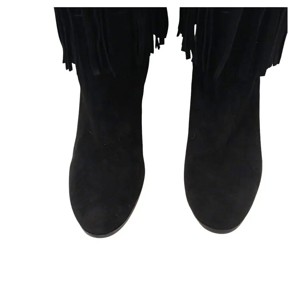 Stuart Weitzman Fringie Black Suede Fringe Boots 7.5 M Over The Knee Western NEW
